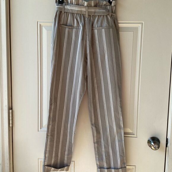 Thread & Supply Women's High Rise Stripes Paperbag Tie-Waist Pants Tan & White - Picture 2 of 5